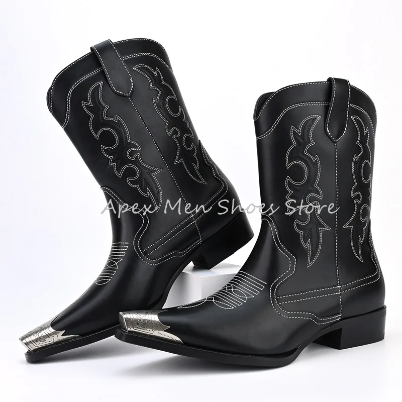 

Men's Metal Toe Totem Mid Calf Boots Vintage Western Cowboy Boots Casual Embroidered Pointed Toe Slip On Modern Boots Outdoor