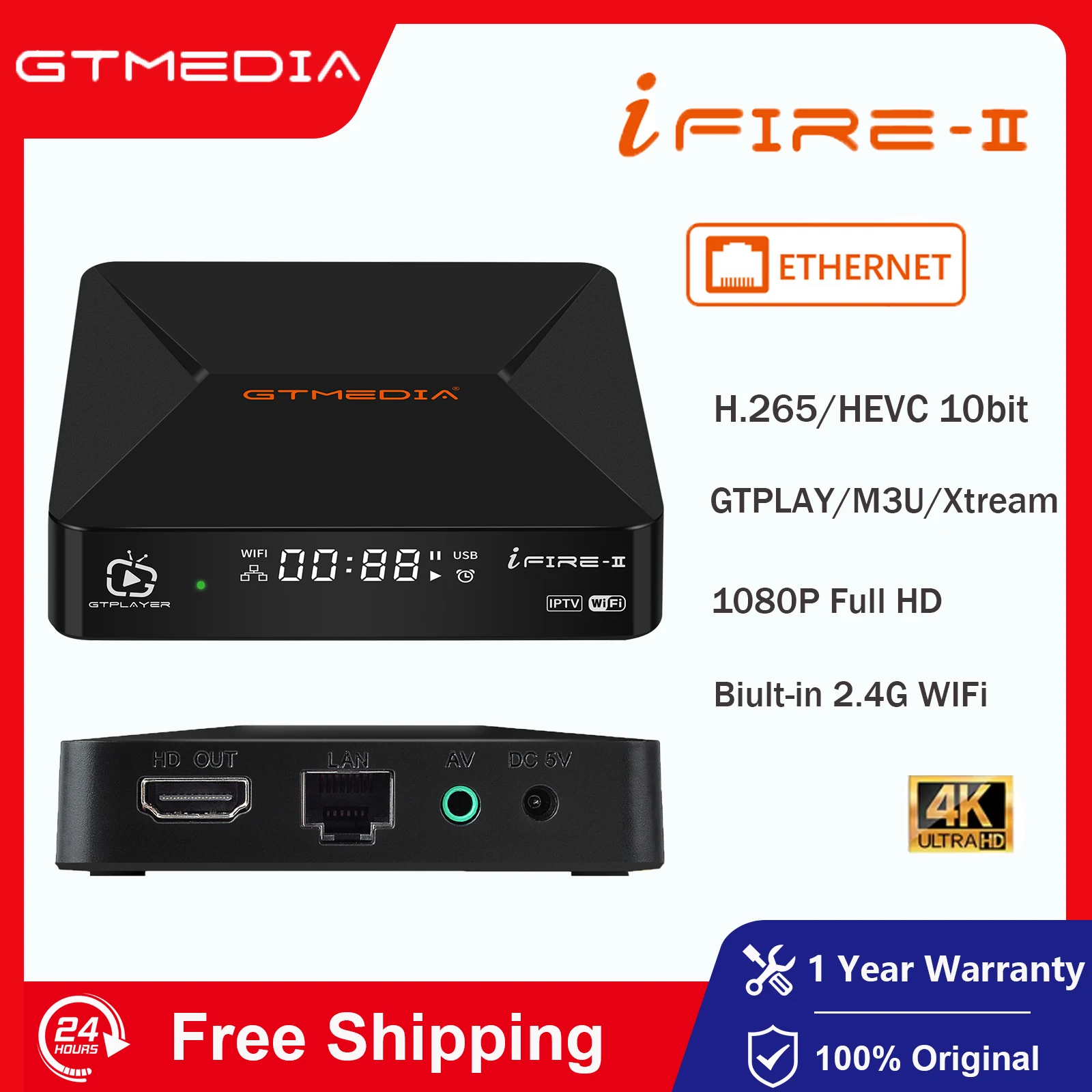 GTMEDIA I-Fire 2 спутниковый ресивер Smart TV BOX с двумя входами 2,4G WIFI и ИК RC 1080P Full HD H265 HEVC 10-битная поддержка M3U