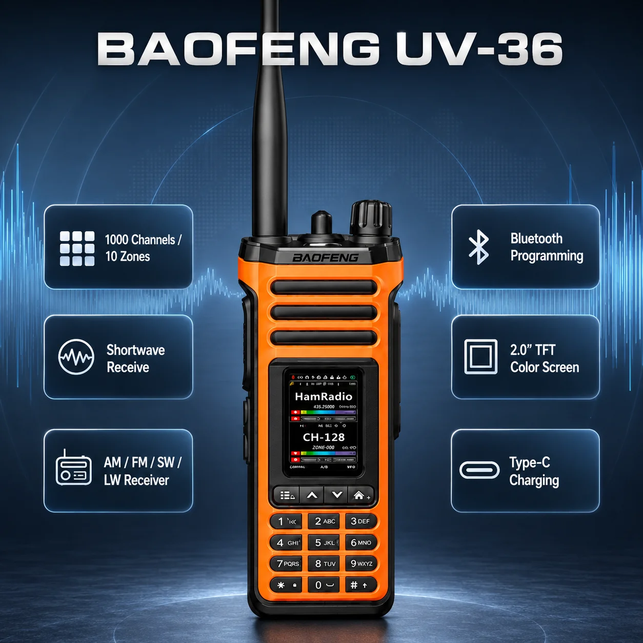 BAOFENG UV-36 PRO Ham Radio 1000CH Bluetooth Shortwave Receiver 2.0'' TFT Dual Band Air Band NOAA Walkie Talkie Type-C image 5