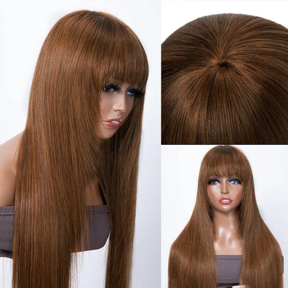 

Reddish Brown Bangs Wigs Human Hair Wig Easy Brown Straight Human Hair Wigs with Bangs Affordable Layer Cut Straight Glueless