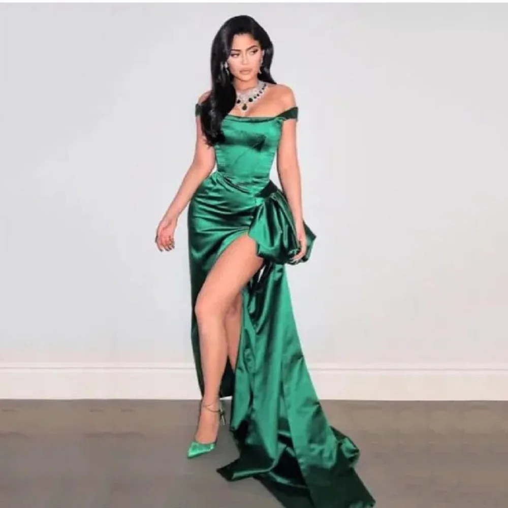 Bafftafe Green Mermaid Long Prom Dresses Customized Leg Slit Women Formal Evening Dress Fishtail Bow Birthday Party Gowns