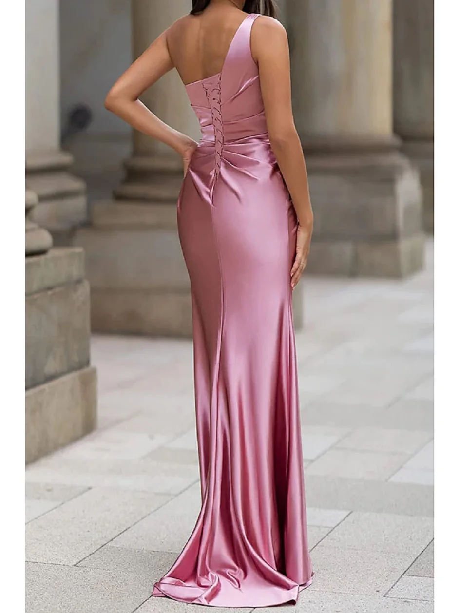 One Shoulder Satin Prom Dresses with Side Split Mermaid Pleated Cocktail Wedding Guest Long Foraml Evening Gowns with Slit 2024