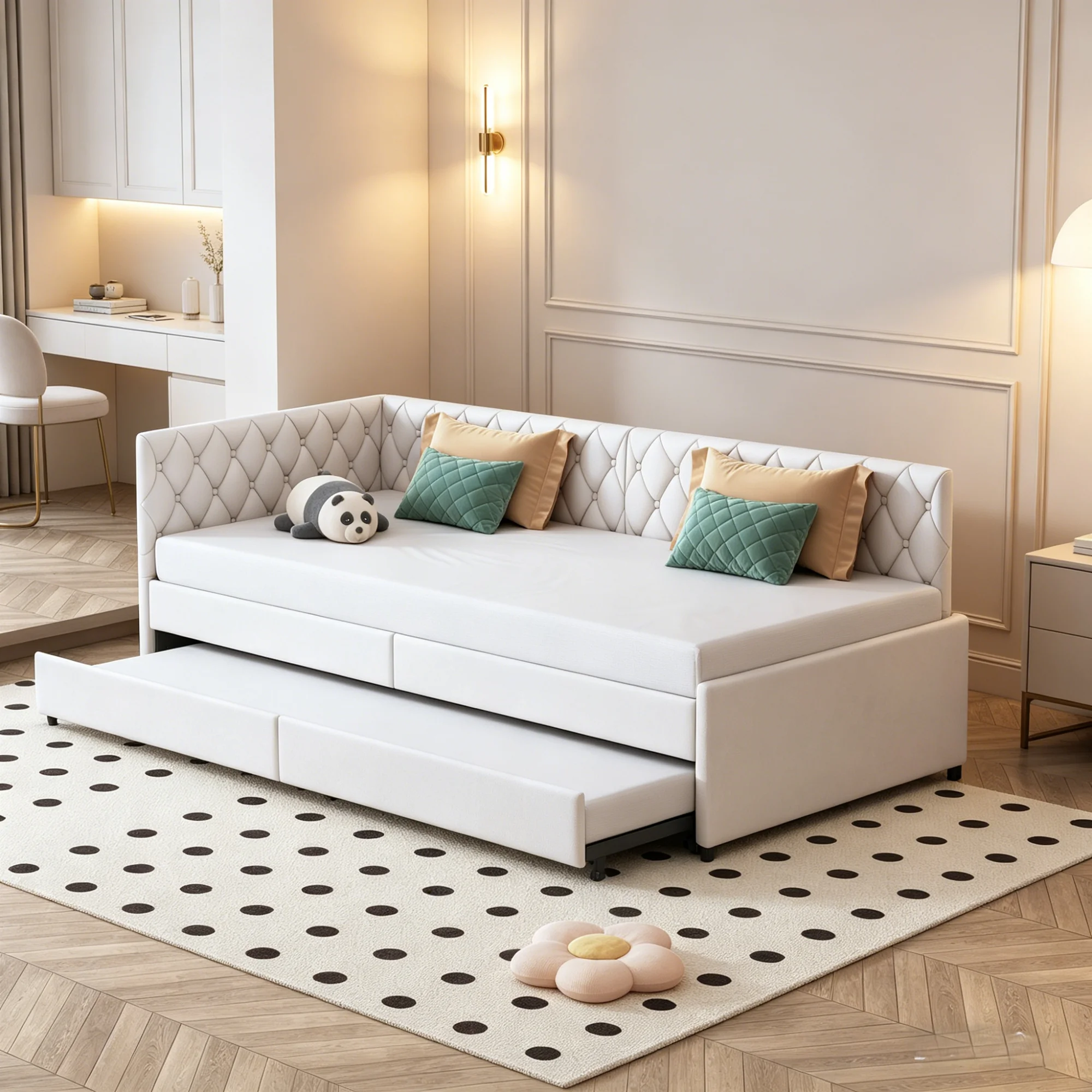 Sofá extensible 90/180x200 cm, extensible, 90/180x200 cm, 2 en 1, listones de madera, terciopelo, beige/gris