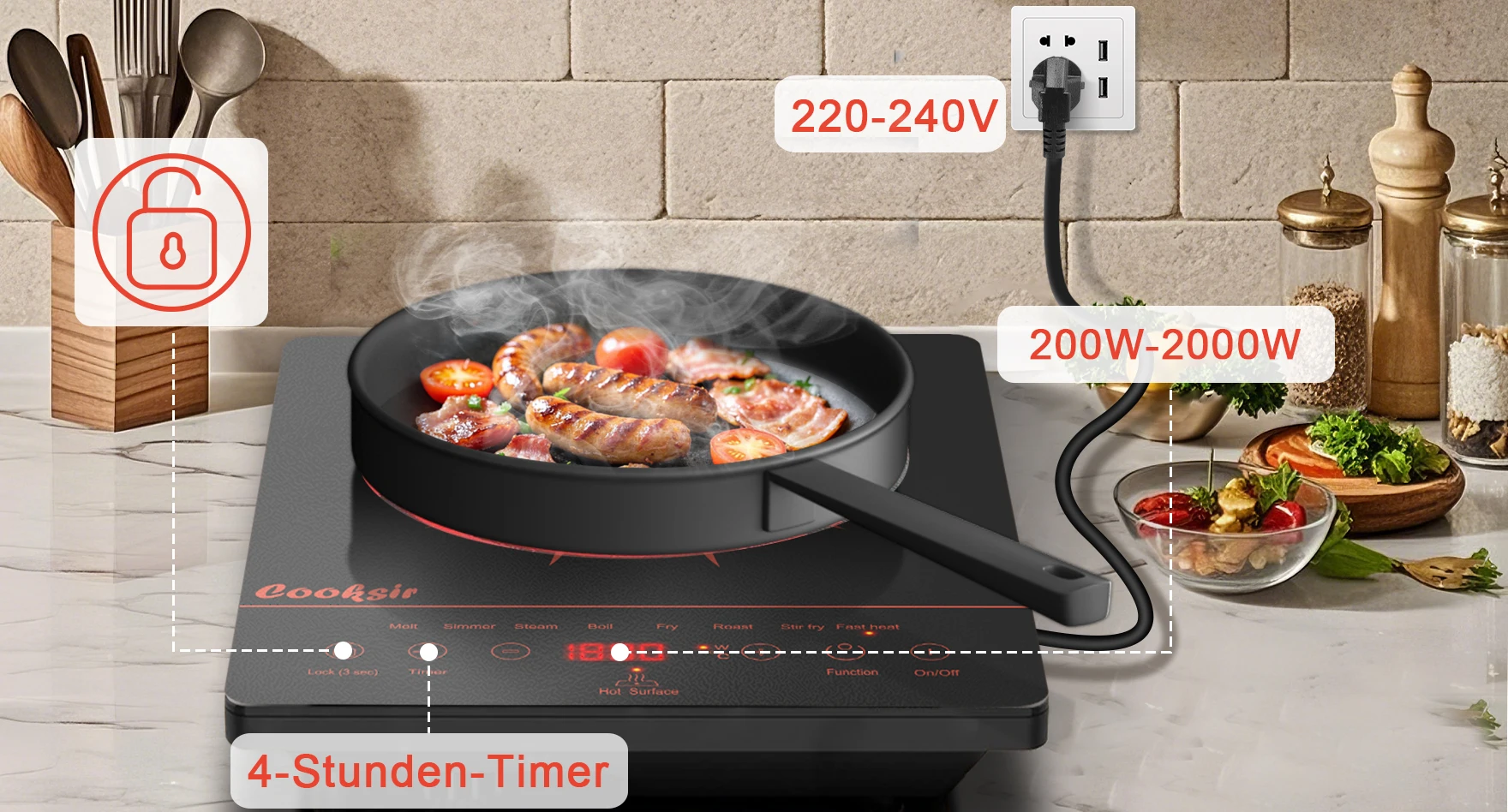 Glaskeramik-Kochfeld 1 Zone mit Stecker, Cooksir Tragbares Kochfeld 28 cm, Einzel 2000 W, Infrarot-Heizung, 4-Stunden-Timer, 220-240 V – Detail 2