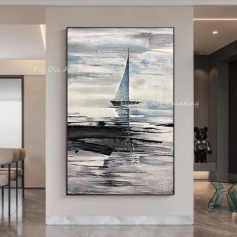 

100% Handmade ocean sea grey canvas with sailboat landscape picture Oil Paintings for Living Room Home Decoration as a gift