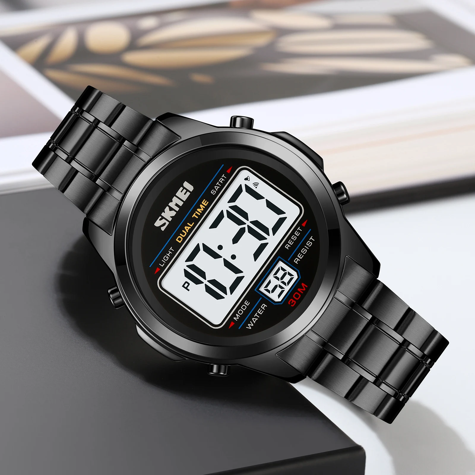 SKMEI Top Brand Luxury Stainless Steel Chrono Electronic Sports Watches Mens Waterproof Digital Wristwatch Alarm Date Week Clock