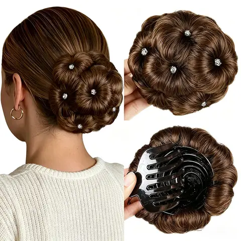 Elegant Curly Synthetic Chignon Donut Hair With Claw Clip Rhinestones Colorful Shiny Updo Scrunchie Bun Hairpiece for Women Use