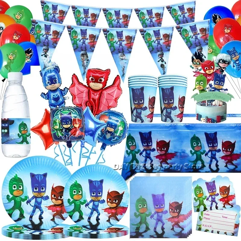 Décoration de fête d'anniversaire sur le thème des PJ Masks pour garçons, vaisselle en papier, kit de ballons numérotés en aluminium, toile de fond, décoration murale, décorations de gâteau DIY, sacs
