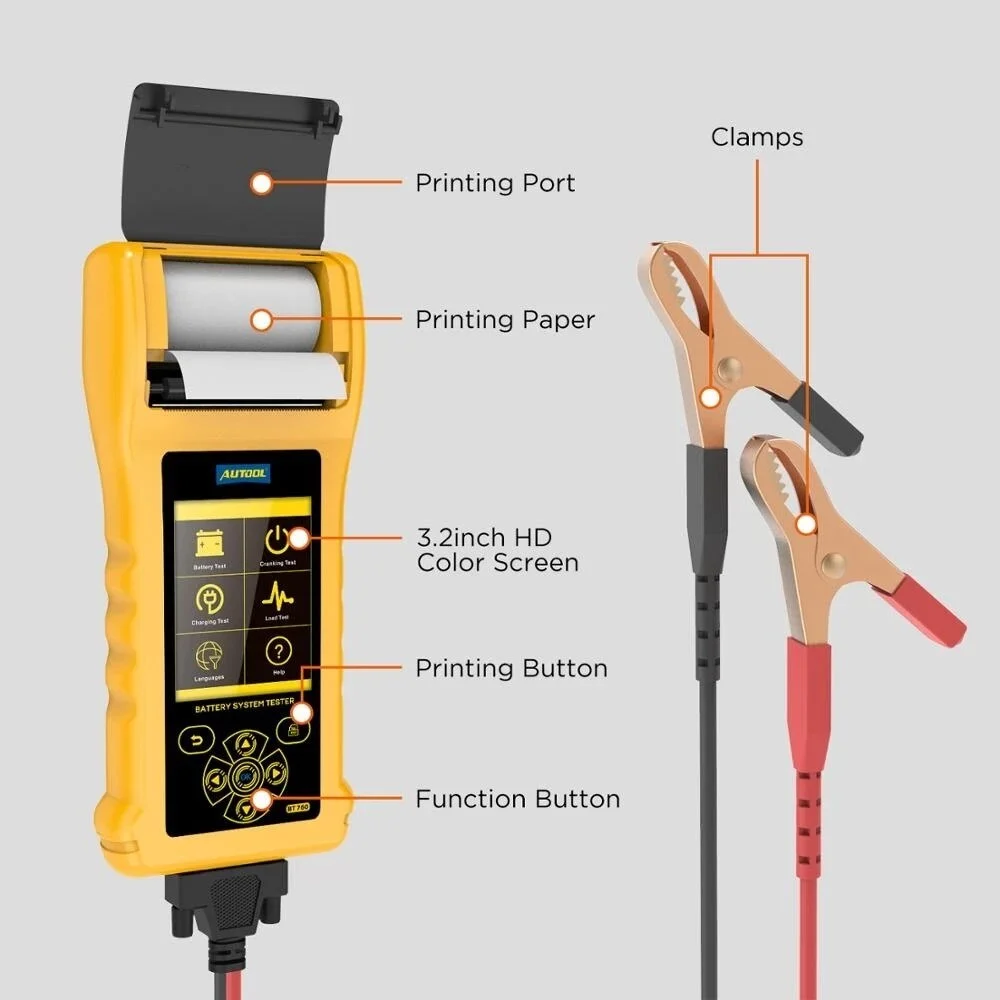 New AUTOOL BT760 Car Battery Tester with Printer 6- 32V Color Screen Test Battery/Cranking/Charging/Max Load