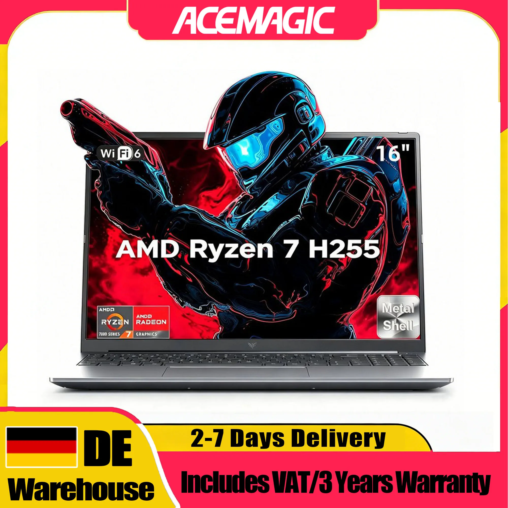 ACEMAGIC S16 Laptop 16 Pollici 24GB RAM LPDDR5 512GB SSD AMD Ryzen 7 H255 Windows 11 Pro Notebook WiFi 6 AMD Radeon ™ Tastiera retroilluminata 780M fino a 4,9 GHz 180 ° Pieghevole