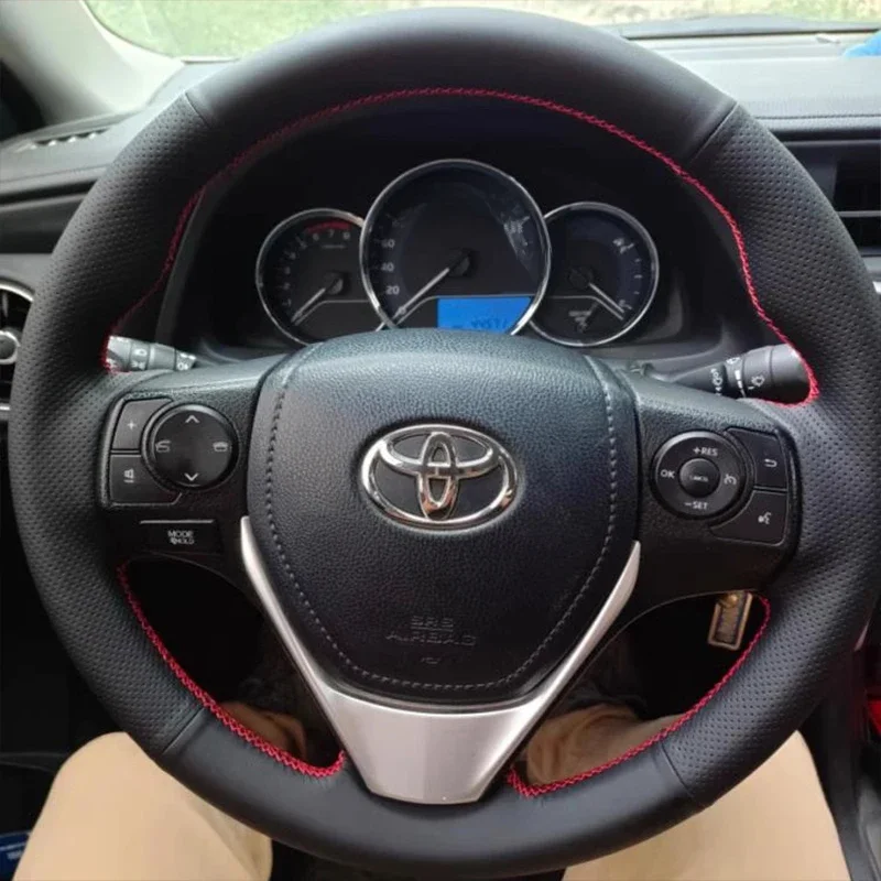 Ręcznie szyte pokrowiec na kierownicę z prawdziwej skóry do Toyota RAV4 Corolla Corolla iM (US) 2013-2019 niestandardowy pokrowiec na uchwyt samochodowy — zdjęcie 2