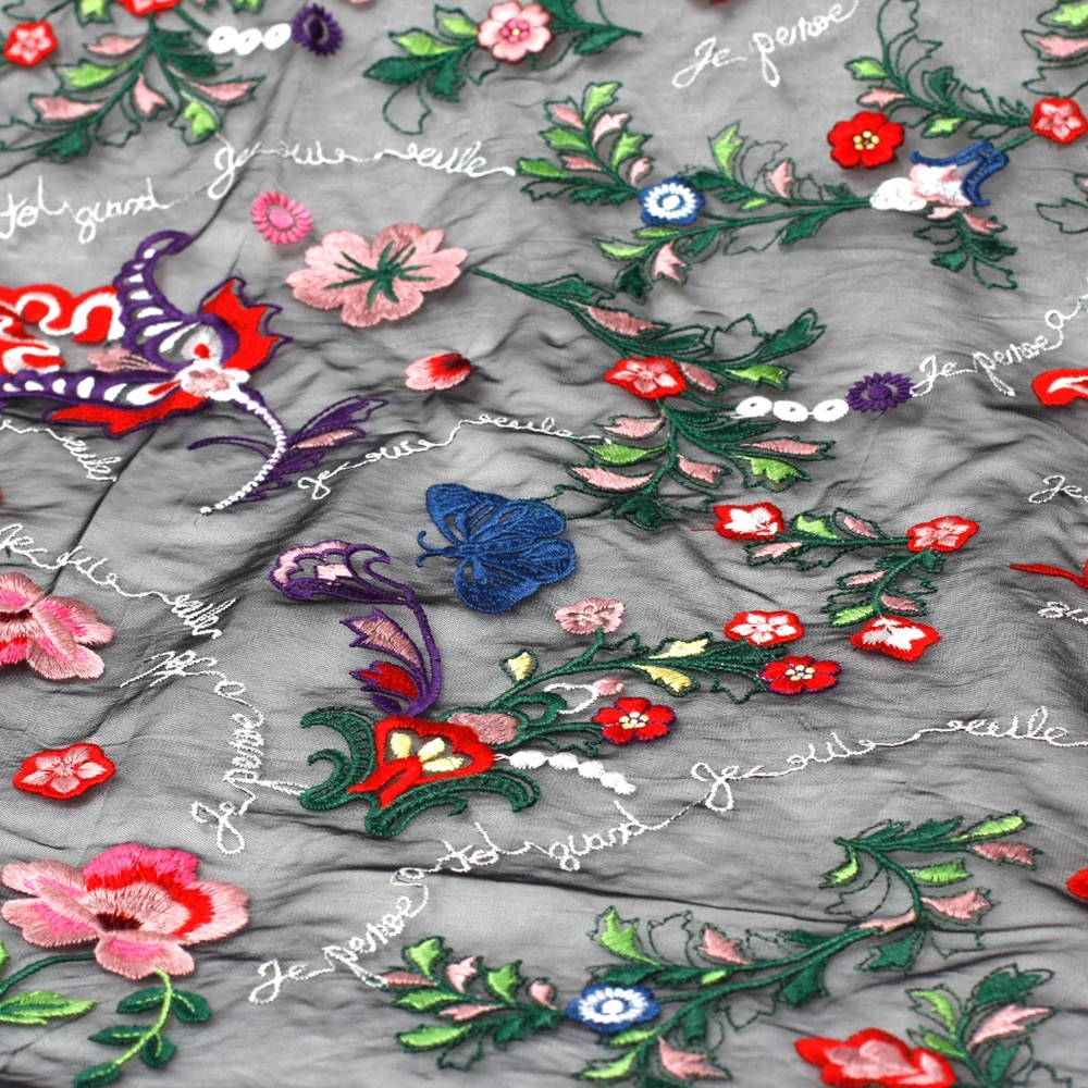 HelluyerDc colorfull Little flowers bullerflies,mixed on Black tulle embroidery lace fabdric,for fashion,weekend,prom dress