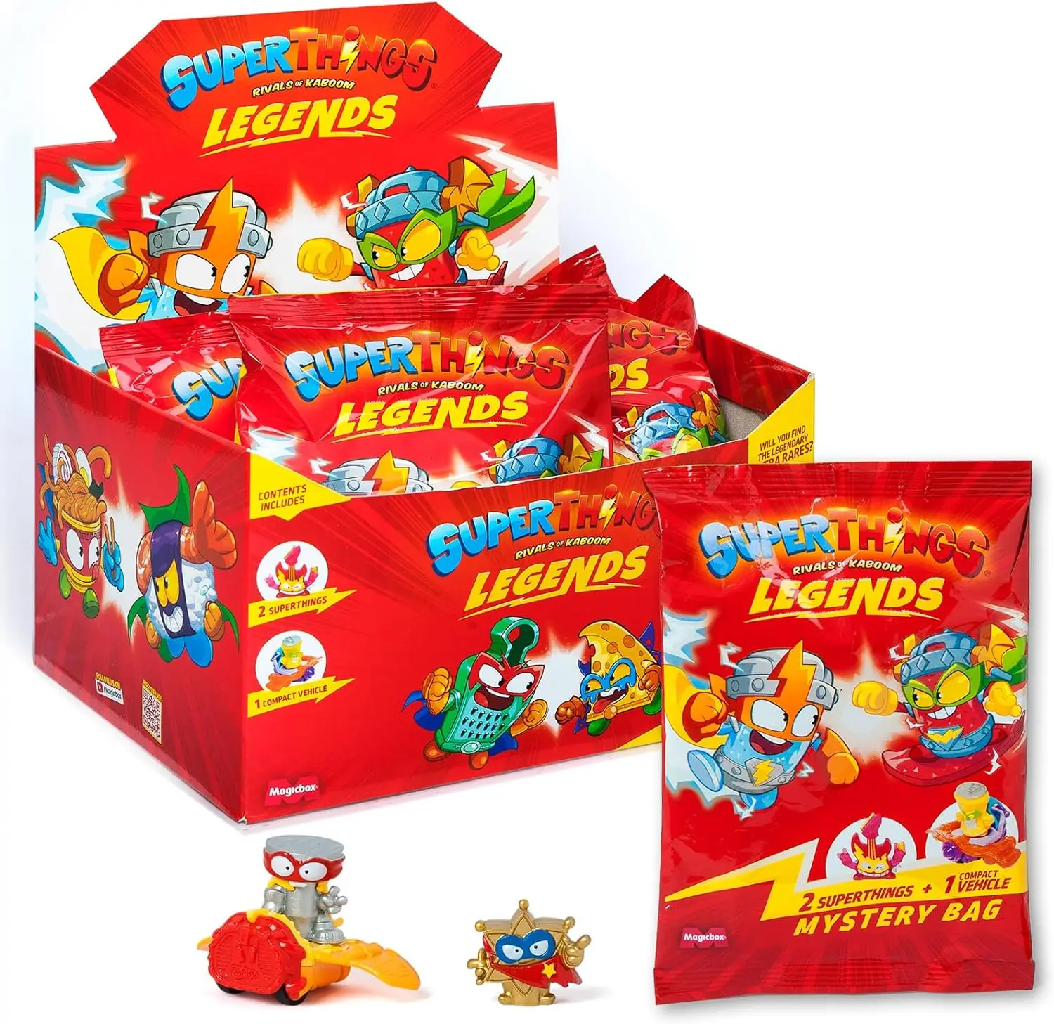 SUPERTHINGS Legends - Mystery Bag. Box with 18 envelopes of the most legendary characters in SuperThings. Each envelope includes 2 SuperThings and 1 vehicle-contains 1-9 Series products