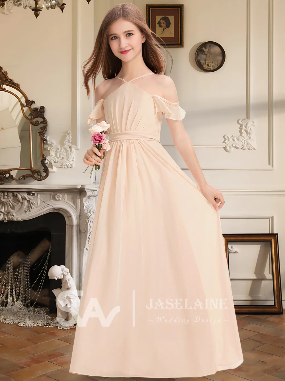 A Kids Junior Bridesmaid Dress Flower Girl Dress Chiffon Floor Length Halter A Line With Bow Spaghetti Straps Girls Party Dress