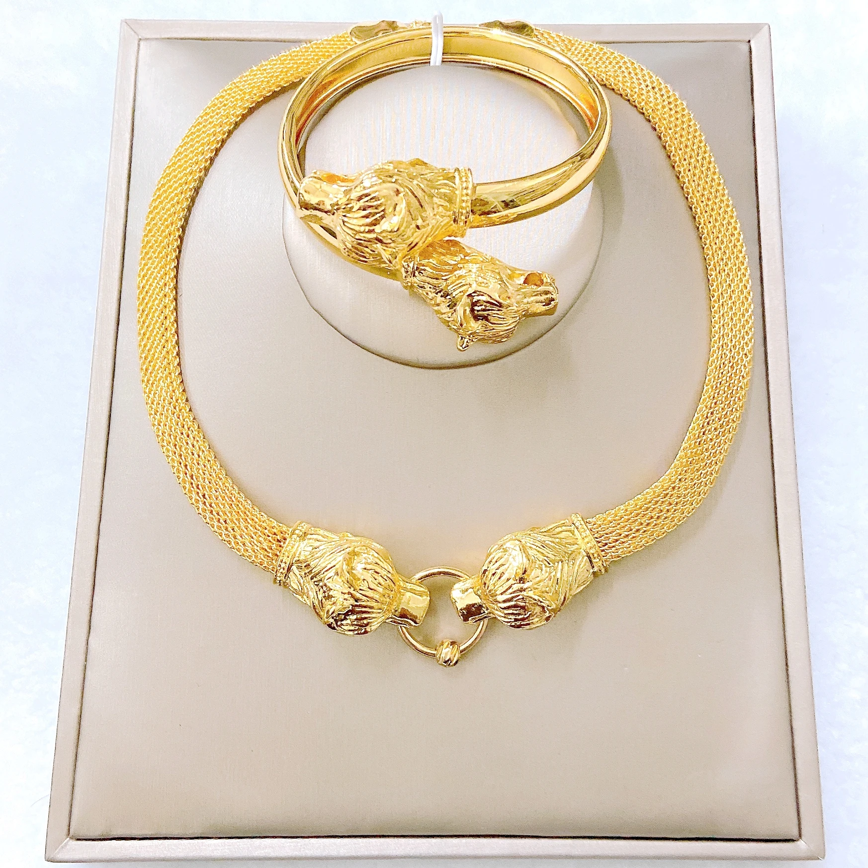 Dubai Gold Color Lion Head Jewelry Set for Women Wide Mesh Chain Greek Key Necklace Cuff Bangle Set African Wedding Party Jewel