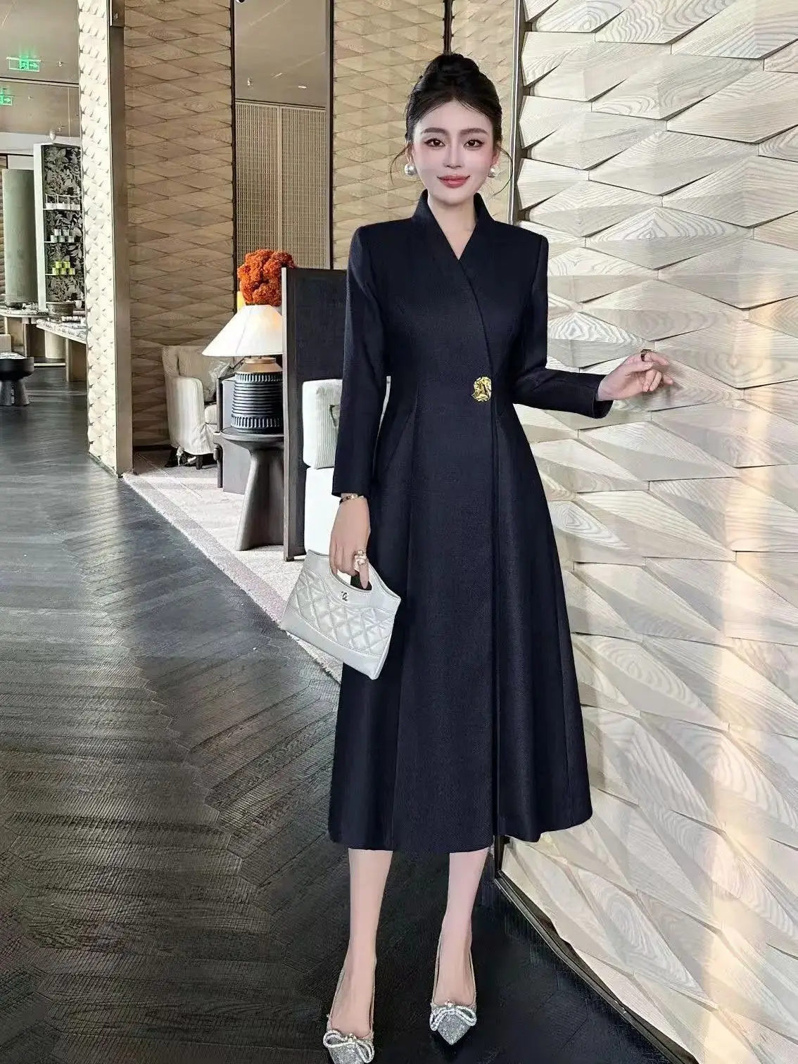 High-end elegant office business style waist buckle wool blend trench coat