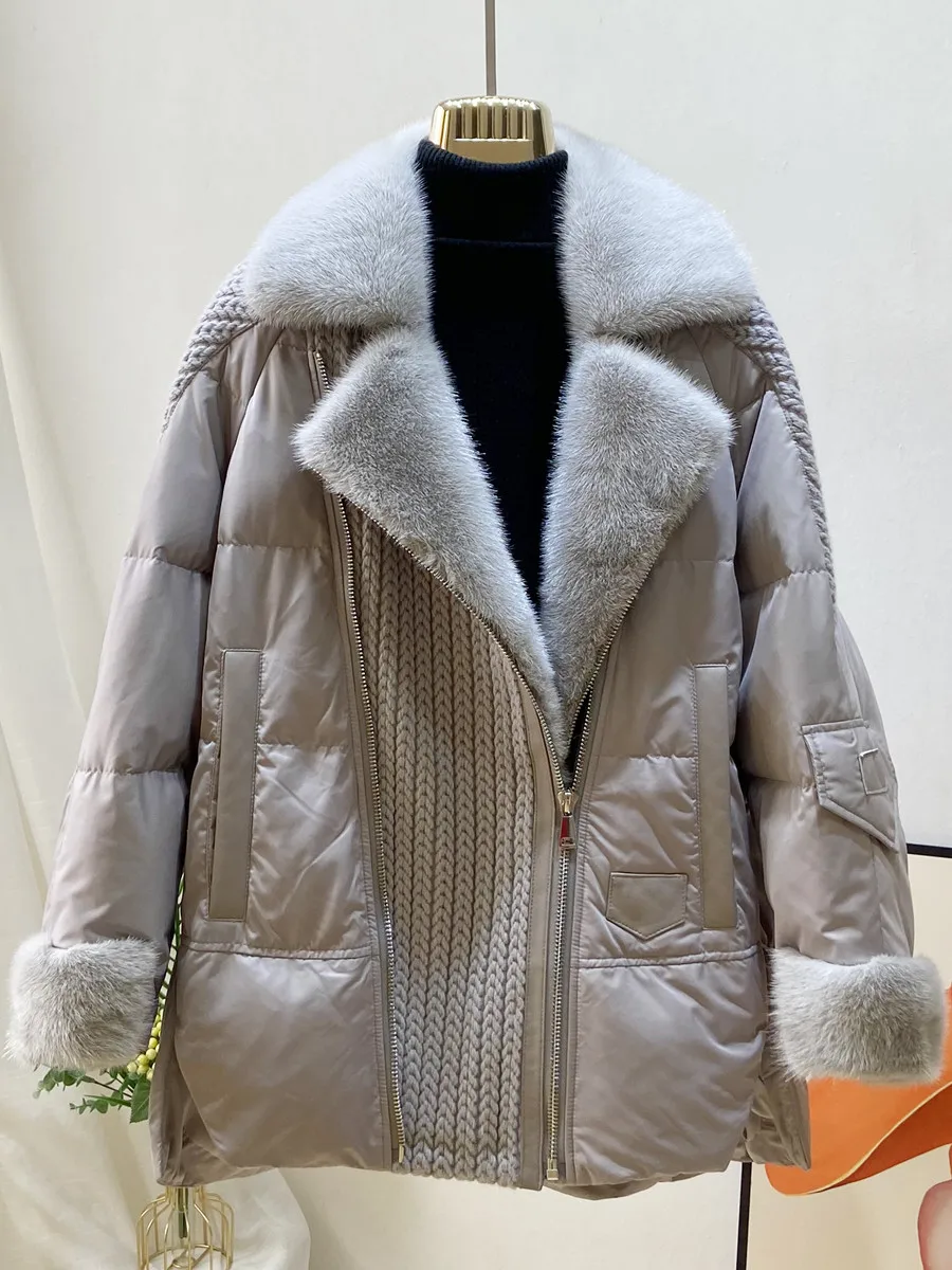 2022 Fashion New Autumn Winter Real Mink Fur Coat Women Natural Goose Feather Jacket Luxury Down Fur Hood Women