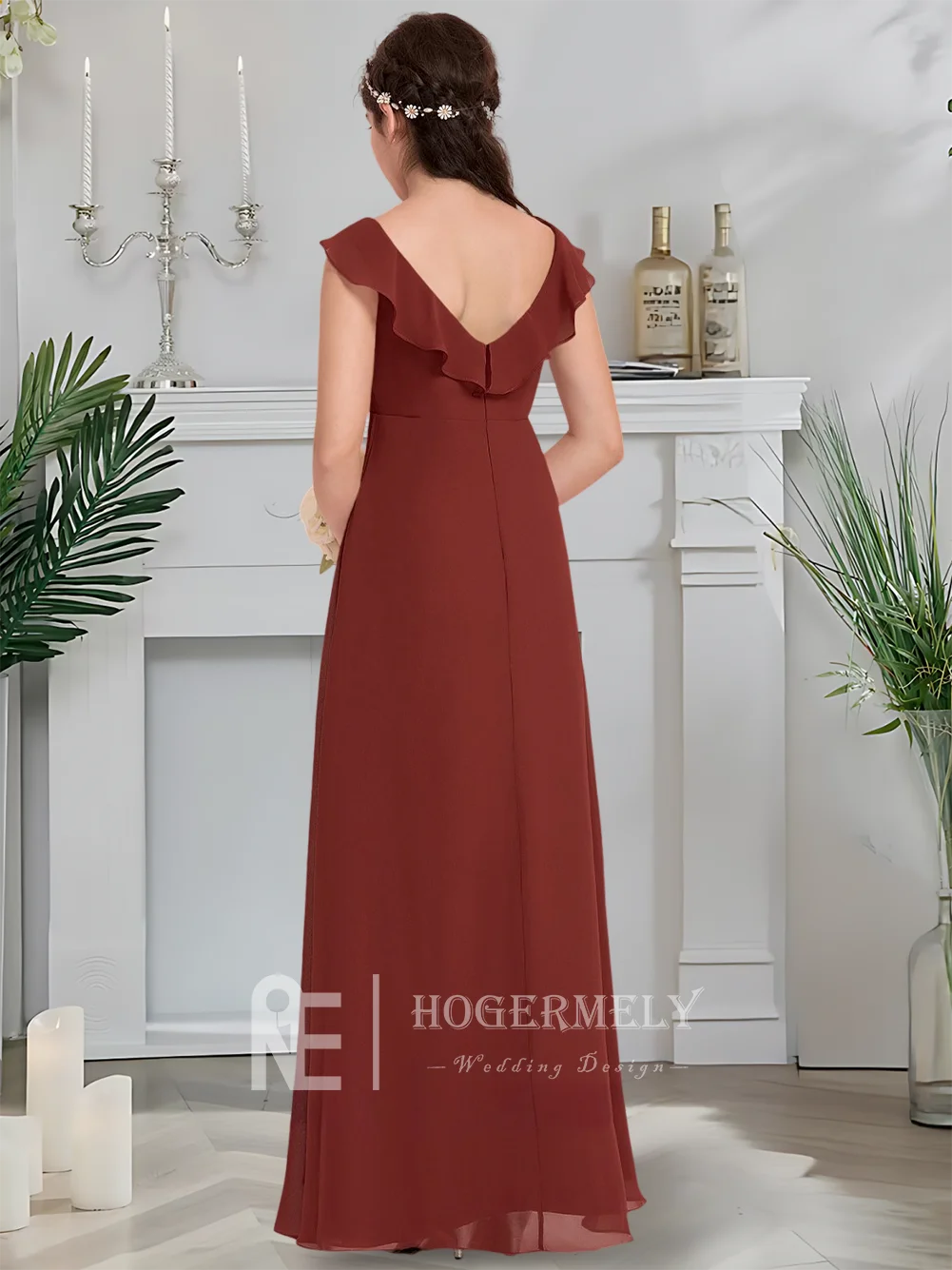 หรูหรา V คอชุดเพื่อนเจ้าสาวจูเนียร์ทับทิมดอกไม้สาวชุดชีฟองยาว Cascading Ruffles งานแต่งงาน