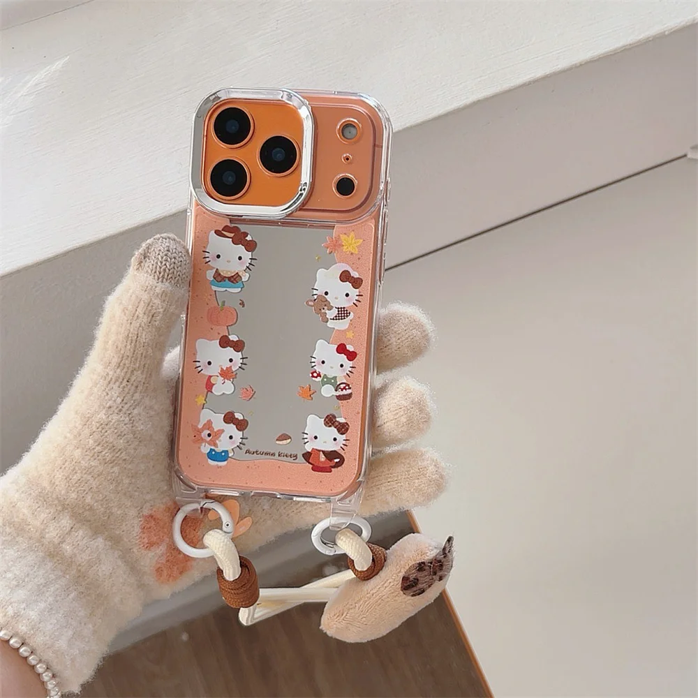 

New mirror maple leaf HelloKitty phone case with lanyard, suitable for iPhone 17 Pro Max 14 15 16 13 Pro Max Pro anti drop