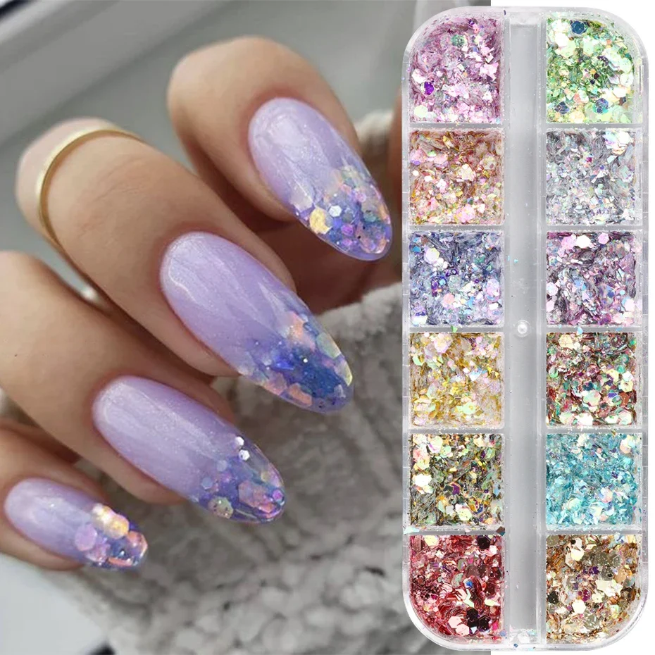 12 grilles Aurora irisé mixte hexagone ongles paillettes Holo flocons Nail Art poudre Gel vernis manucure accessoires