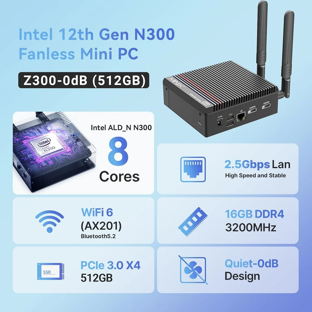 MINIX Z300 fanless mini PC , 16GB DDR4, 512GB M.2 PCIe X4 NVMe SSD Windows 11 Desktop Computer,2.5 GbE Ethernet, HDMI 4K