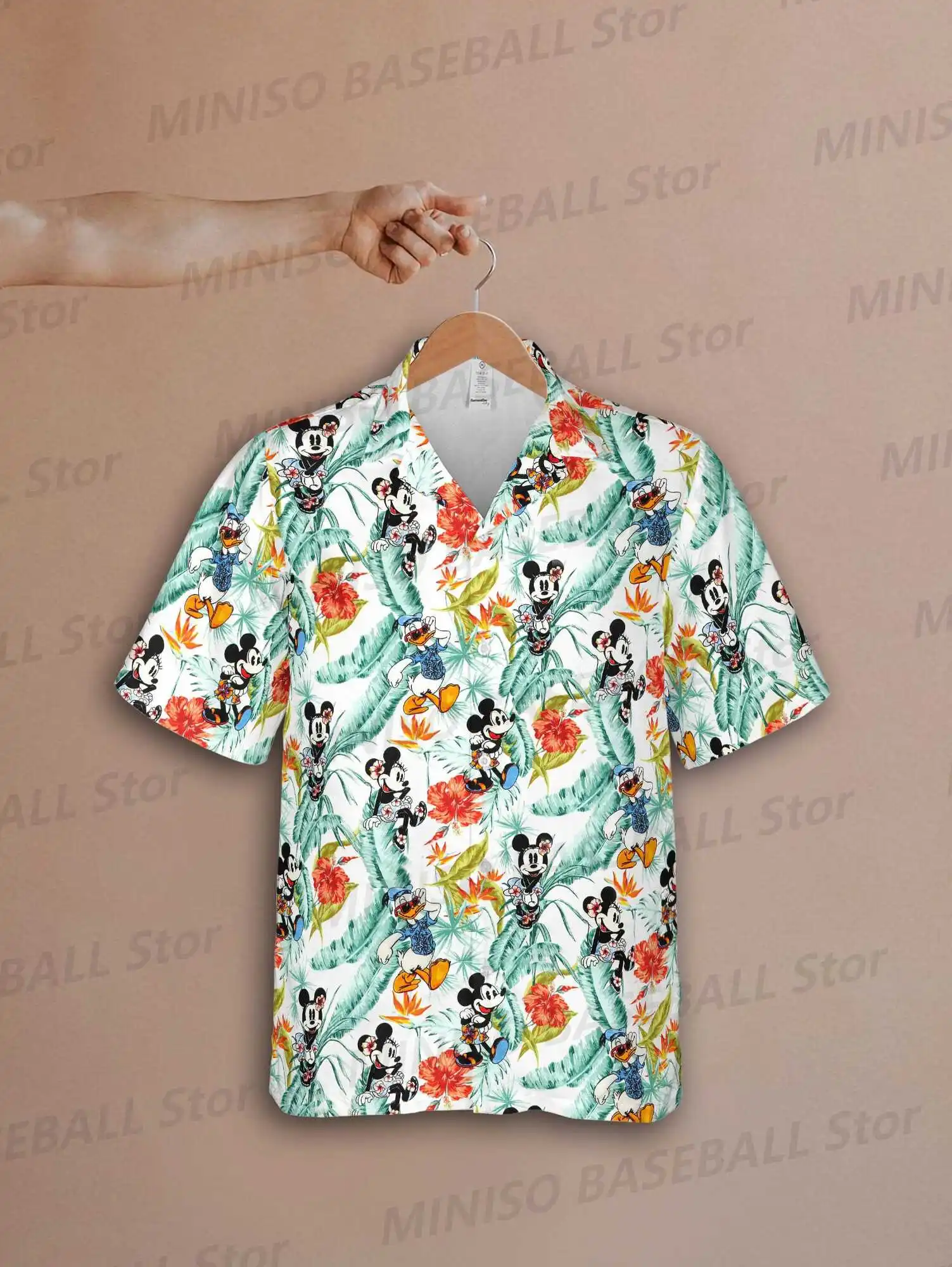 New Summer Boys&Girls Disney Mickey Donald Duck Feather Cartoon Character Hawaiian Vacation Shirt Kid/Adult Casual Seaside Style