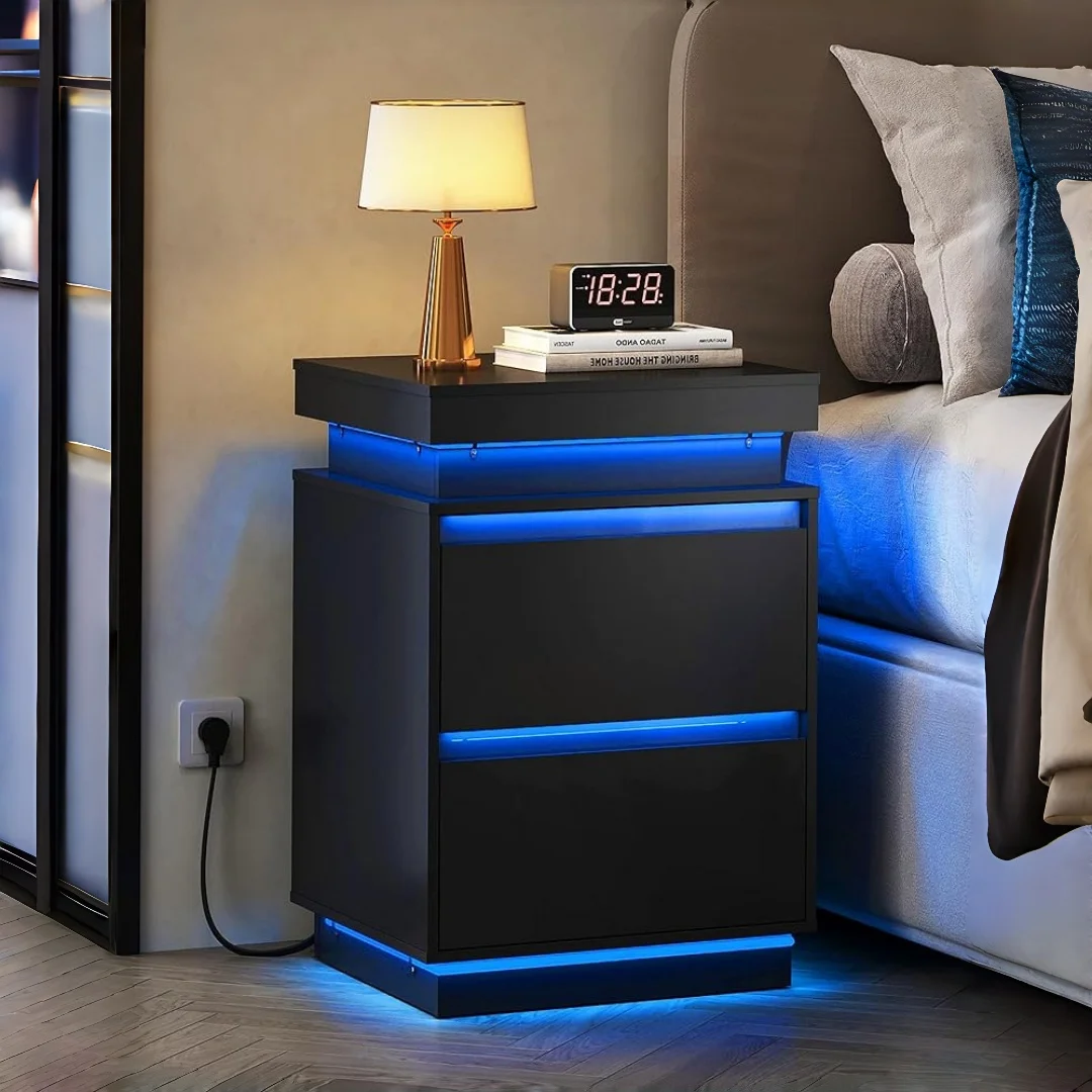 Black Modern Nightstand with LED Lighting & Charging Station, Tall Side Table with 2 Wooden Drawers And Sliding Top, Smart End Table for Bedroom, Living Room Or Office Use