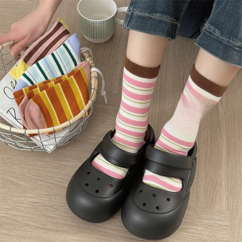 Chaussettes Rayées Décontractées pour Femme, Tendance, Documents Mixtes, Rétro, Absorbe la Sueur, Douces, Nouveautés, Style Japonais
