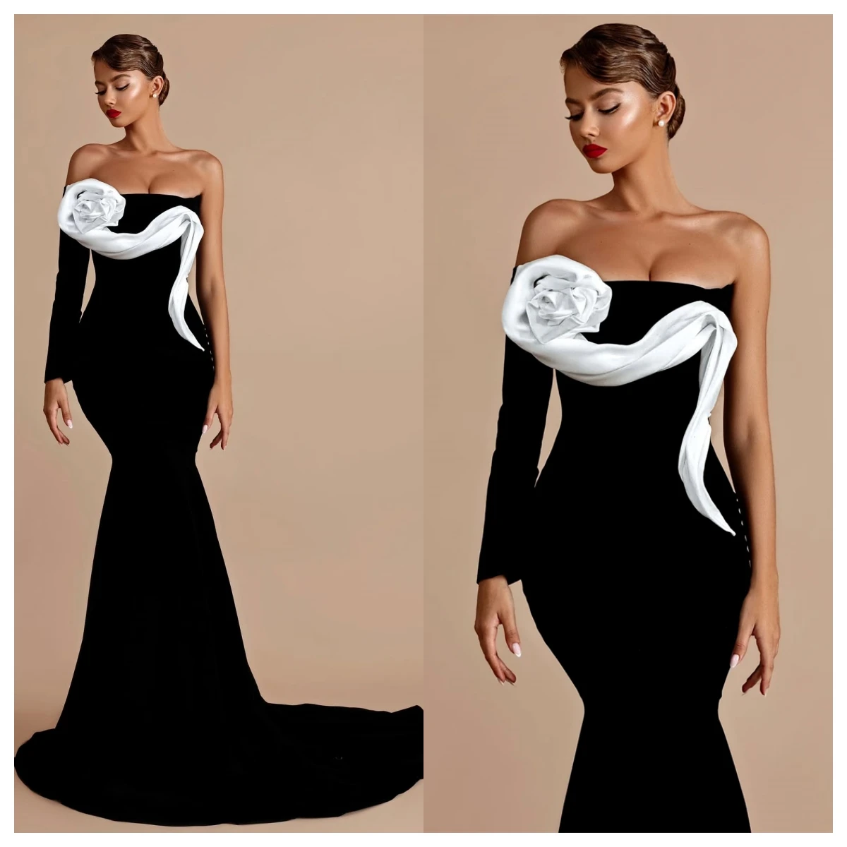 Abito da sera in jersey nero squisito personalizzato senza spalline sirena maniche lunghe abiti celebrità Vestido De alta qualità