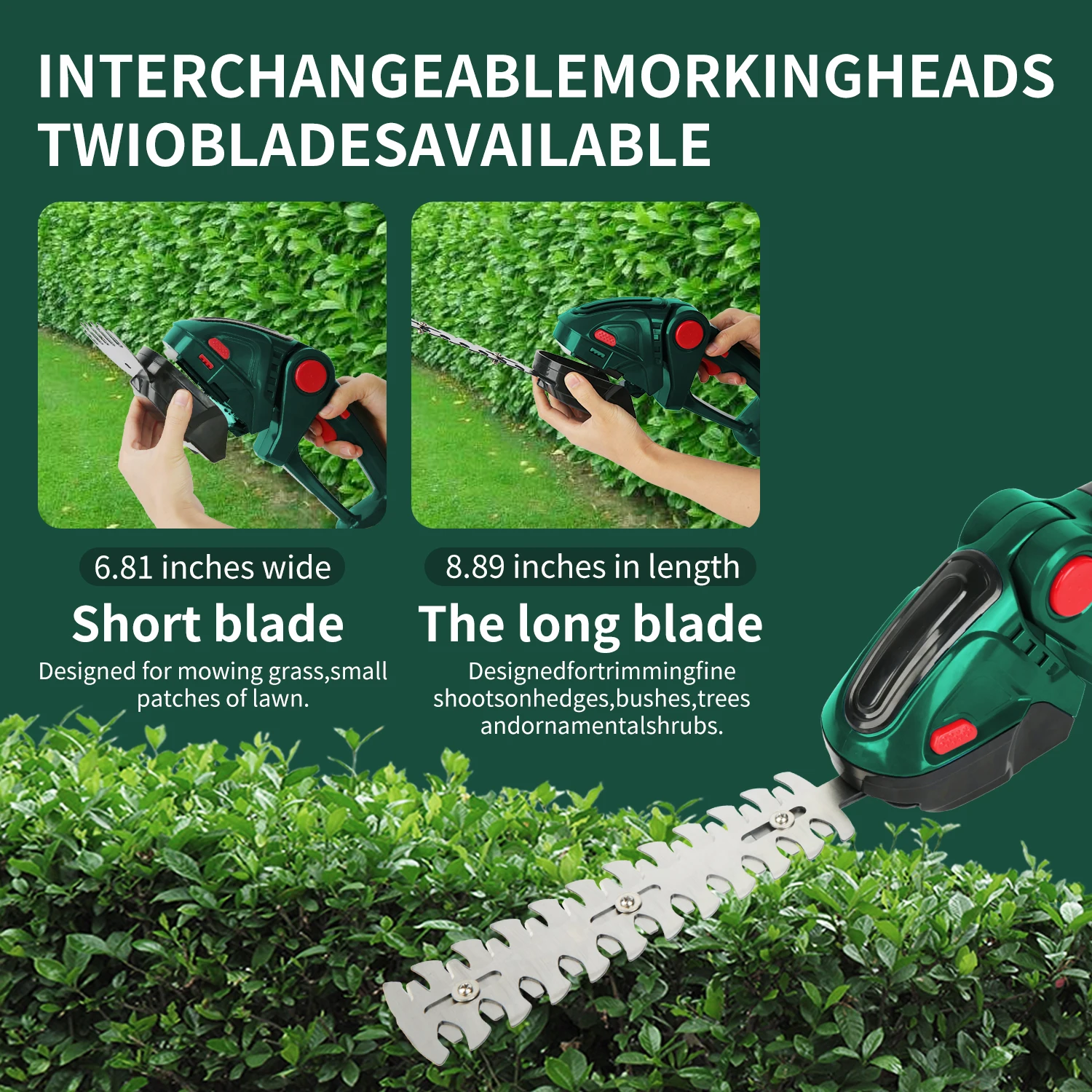 Cortasetos y Cortacésped Inalámbrico sin Escobillas de 20000 rpm, Set de Podadora Eléctrica de Jardín con Batería para Arbustos y Césped