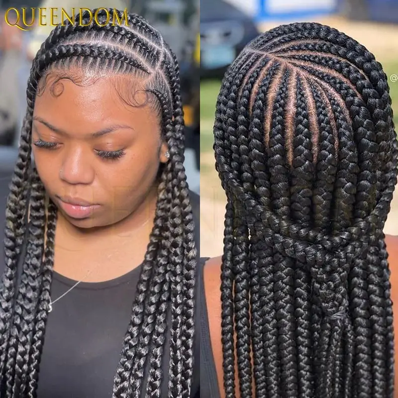 

36" Light Cornrow Box Braids Synthetic Wig Side Part Full Lace Frontal Wig Knotless Box Hair Wigs for Black Women