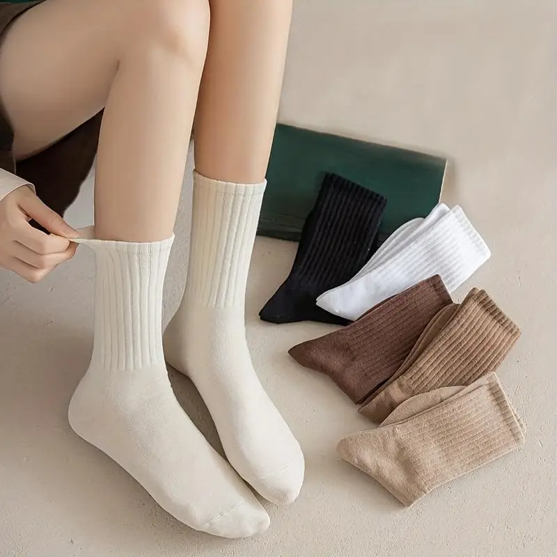 مجموعة 5 أزواج من الجوارب ذات الأساور المدرفلة متعددة الألوان - محبوكة مضلعة وناعمة ومرنة، أسود/بني/بيج/أبيض ملابس مريحة يومية #4
