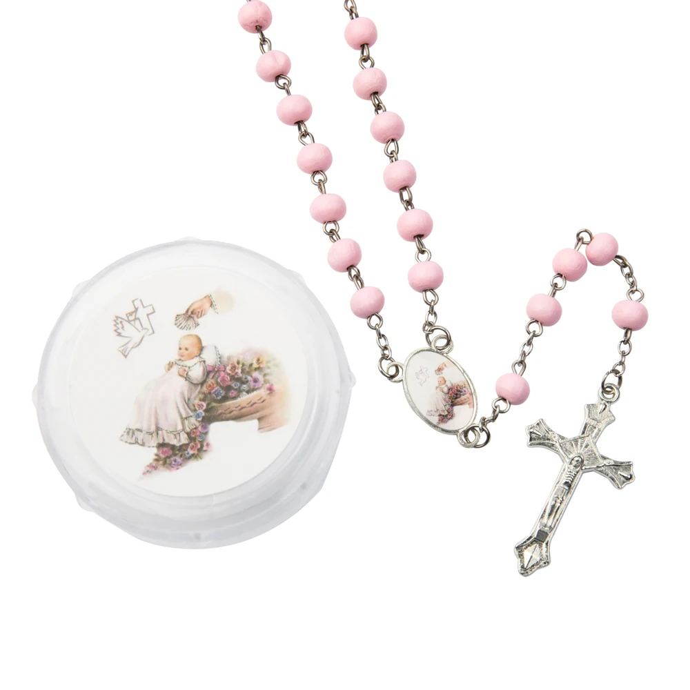 حبات مسبحة خشبية وردية وردية اللون ، معمودية ، ملاك رضيع ، تواصل ، خدمة التعميد ، 12 *