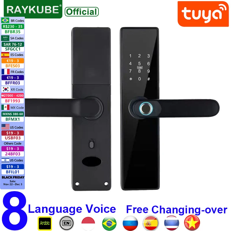 

RAYKUBE Tuya Smart Door Lock Wifi Fingerprint Password IC Card Keyless Remotely Unlock Use AA Battery Support 8 Language Voice