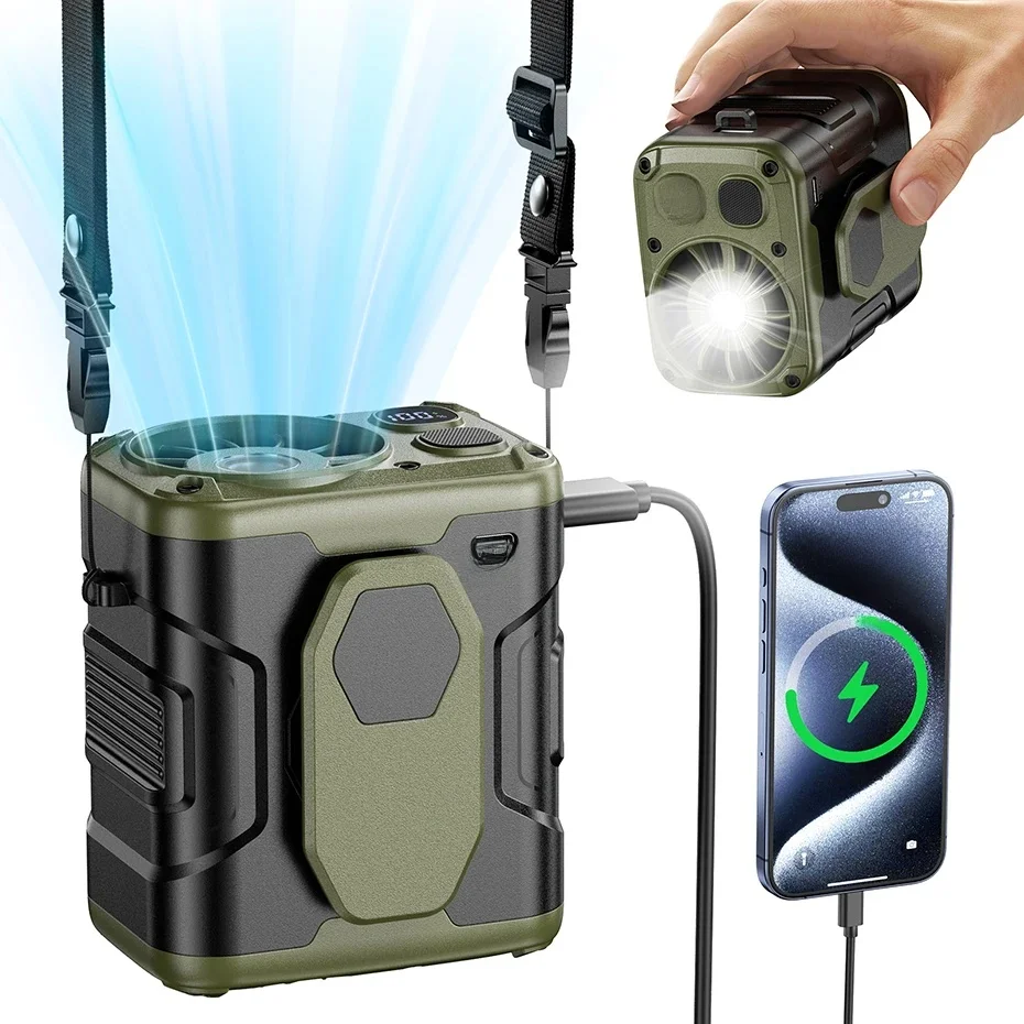 10000 mAh tragbarer Taillenventilator mit Powerbank, LED-Beleuchtung, hängender Halsventilator, 5 Geschwindigkeiten, starker Luftstrom, Kühlventilator für Arbeiten im Freien