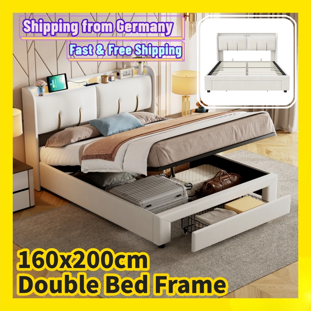    Comanlai Hydraulisches Bett mit Stauraum, 160 x 200 cm, Doppelbett mit Schublade und
