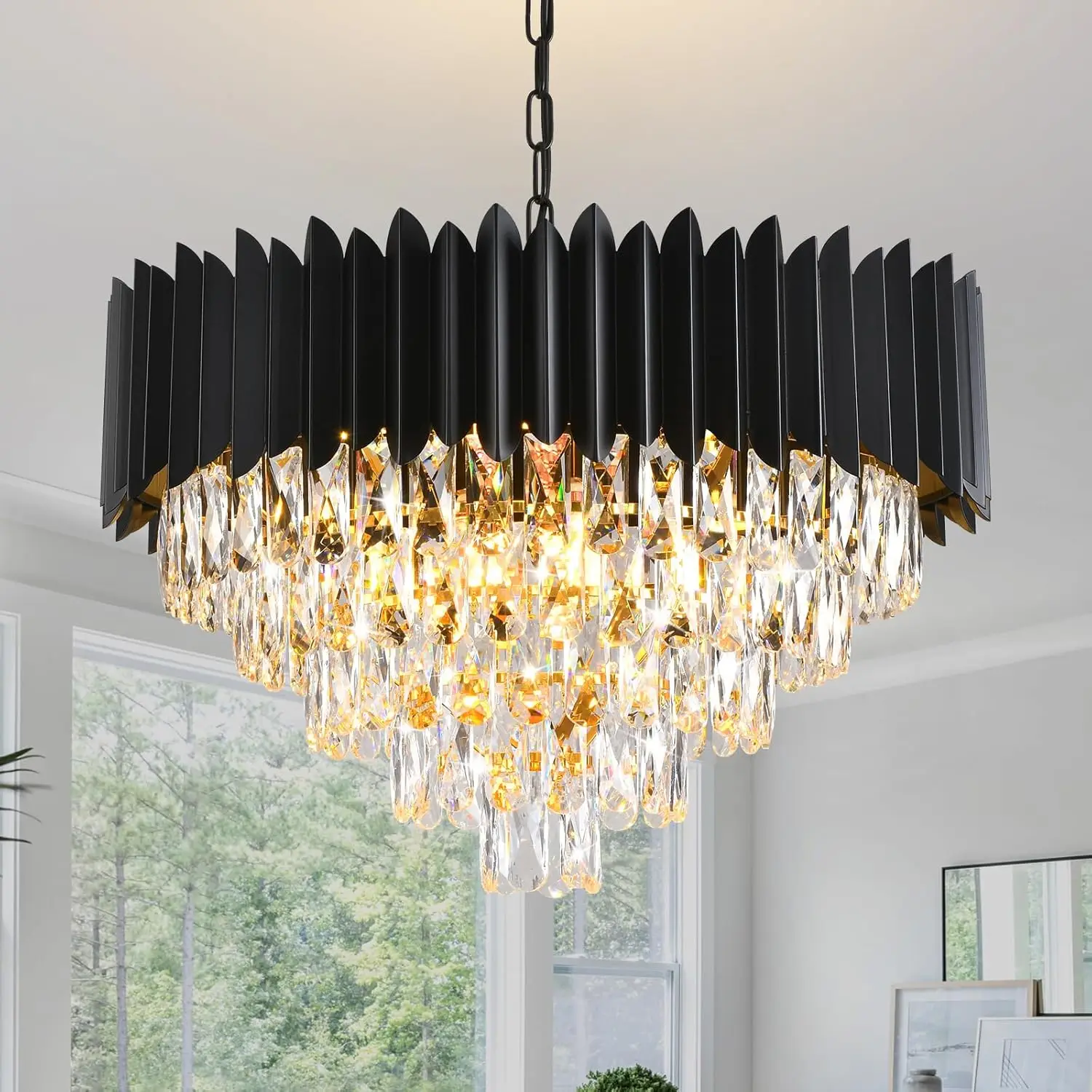 

Black Crystal Chandelier 5-Tier Dining Room Chandelier Light fixtures Raindrop Modern Ceiling Pendant Light Fixture for Living R