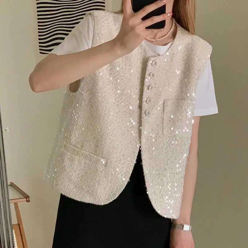 

Women's 2023 Spring/Summer New Temperament Fashion Celebrity Sleeveless Vest Top Heavy Industry Sequin Round Neck Waistcoat