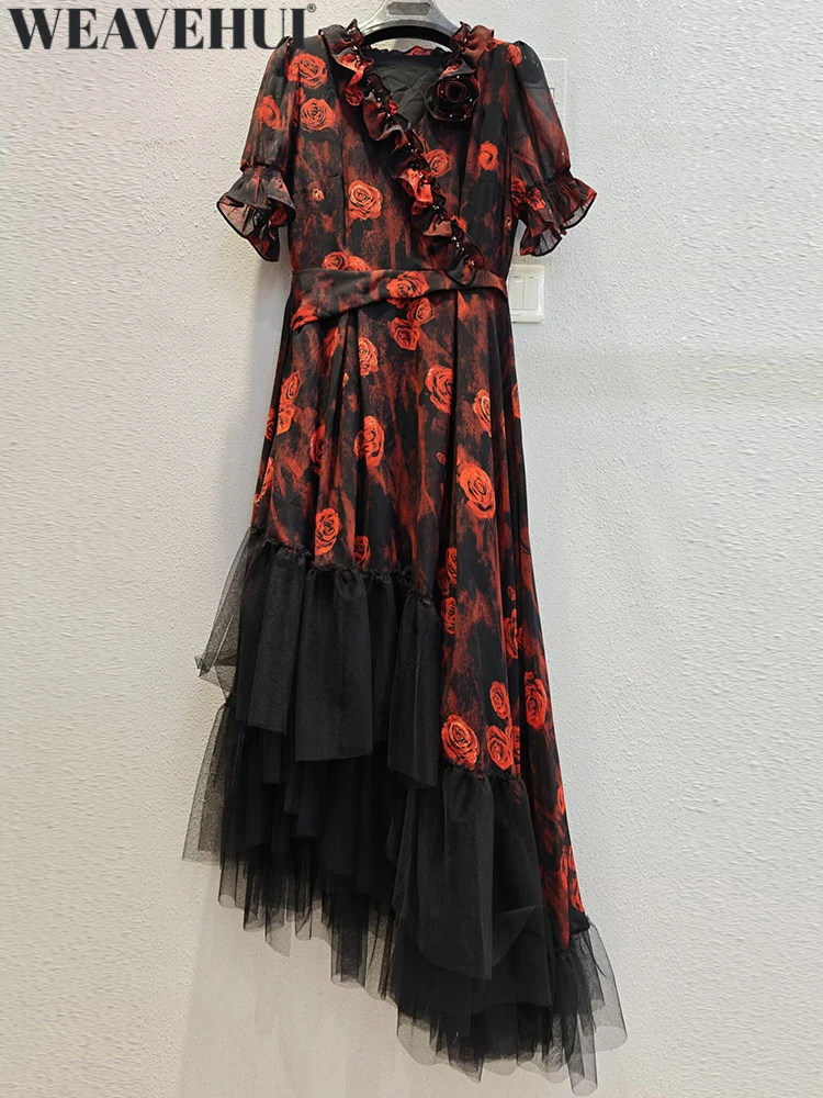 WEAVEHUI Damen Vintage Maxikleider V-Ausschnitt Laternenärmel Diamantendruck Dreidimensionale Blumen Frühling Sommer Neu