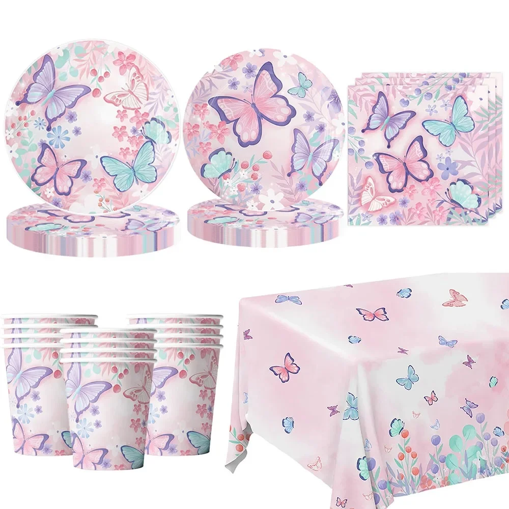 Décoration de fête d'anniversaire papillon assiettes de fête jetables tasse serviette nappe papillon Knìfe décoration d'anniversaire bébé Showe