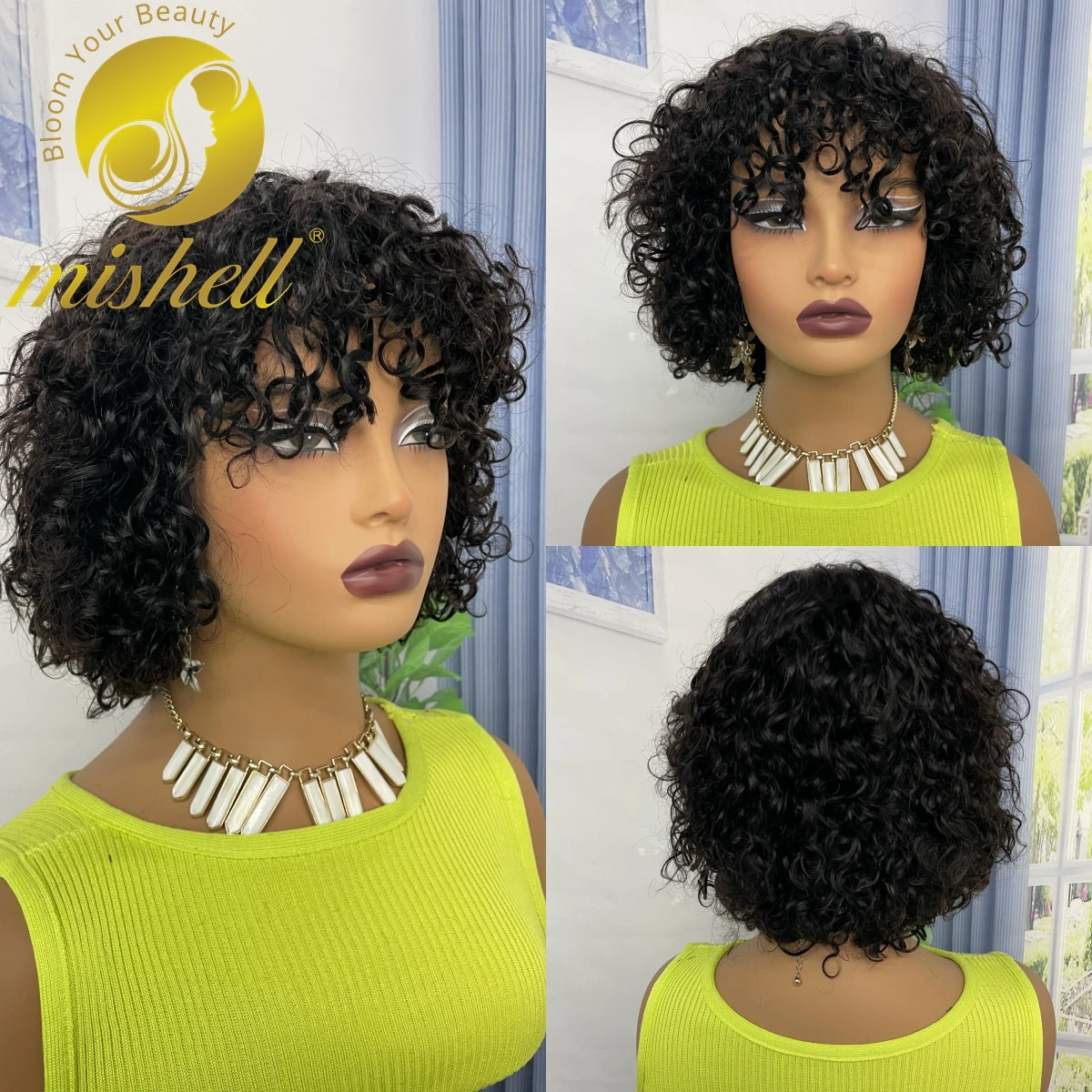 

200% Density Full Machine Made Water Wave Human Hair Wig with Bangs 12inch Short Jerry Curly Bob Wigs for Black Women PrePlucked