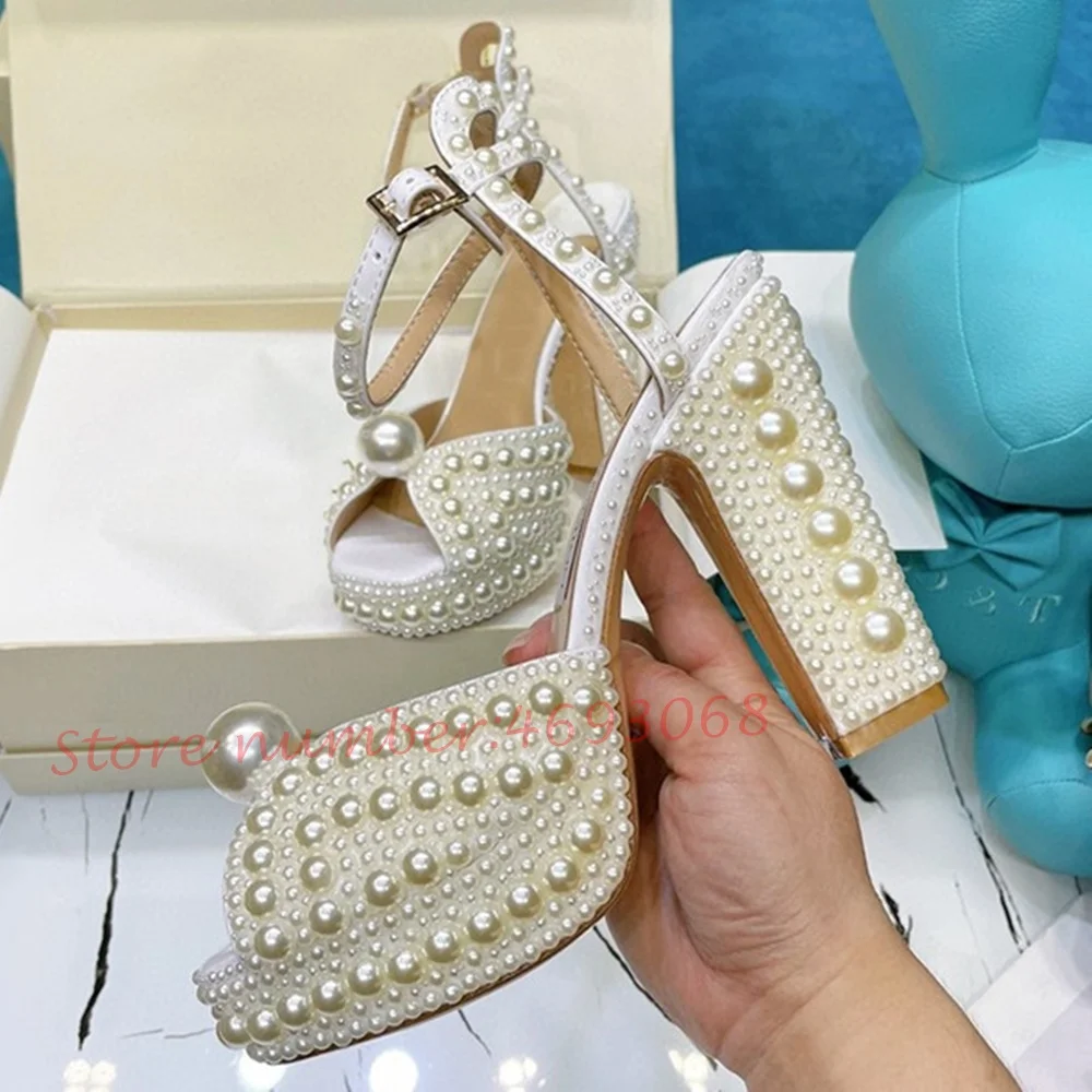 Pearl Platform Wedding Heels Sandals Women Peep Toe White Bride Sandals Block Heels Luxury Party Elegant Summer Evening Sandals