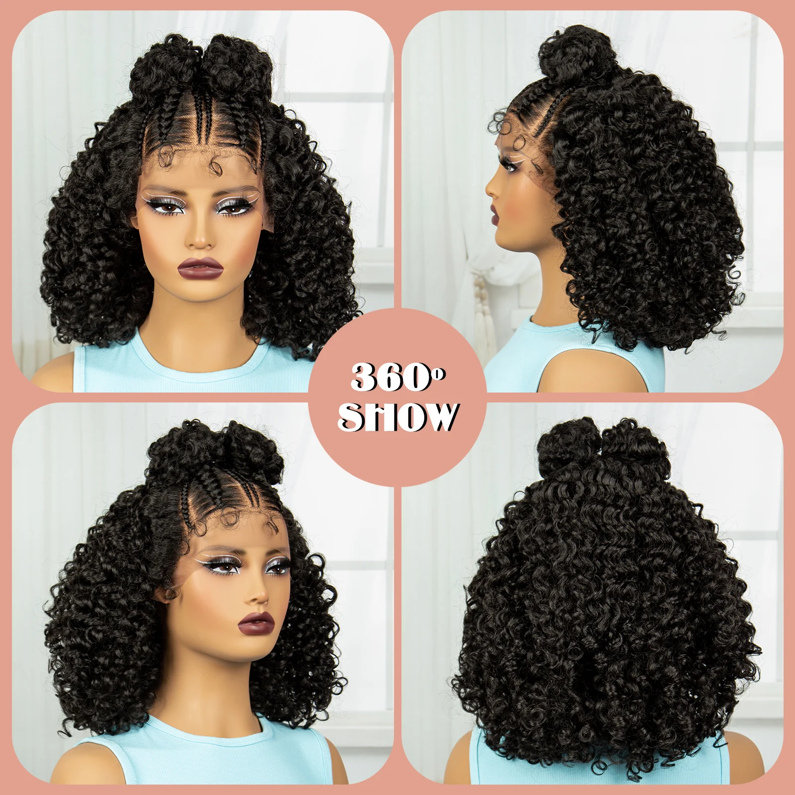 16inch Synthetic Afro Kinky Curly Braided Wigs Lace Front Knotless Braided Wigs for Black Women Cornrow Braids Wig with Baby Hai