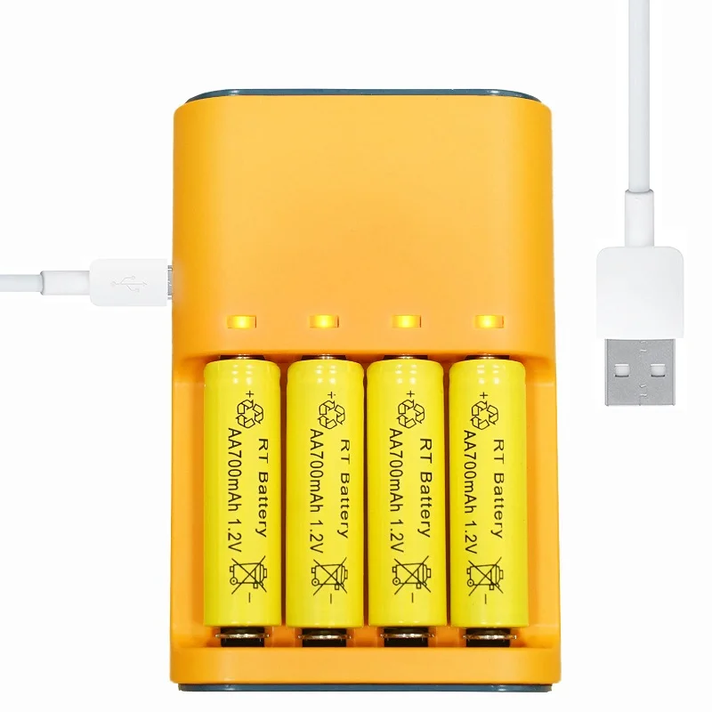 4pcs USB Rechargable 700mah 1.2V AA NiMH Long Lasting Power Battery with 4 Slot Battery Charger for Household Electric Appliance