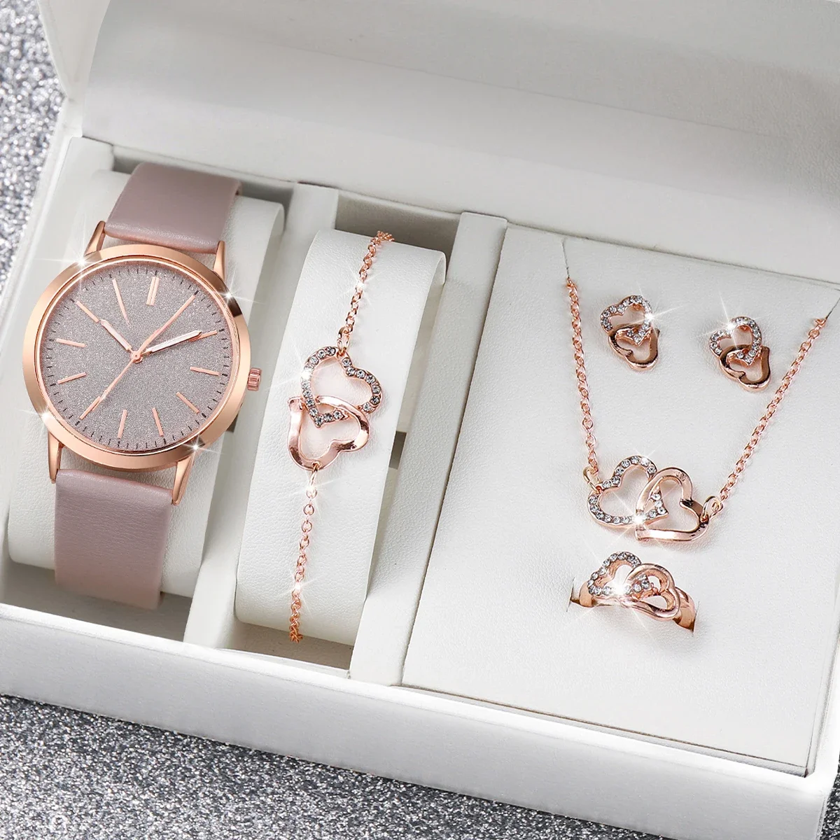 5 sztuk/zestaw moda matowa tarcza damska zegarki diamentowe biżuteria w kształcie serca zestaw na co dzień skórzany pasek zegarek kwarcowy (bez pudełka) — zdjęcie 2