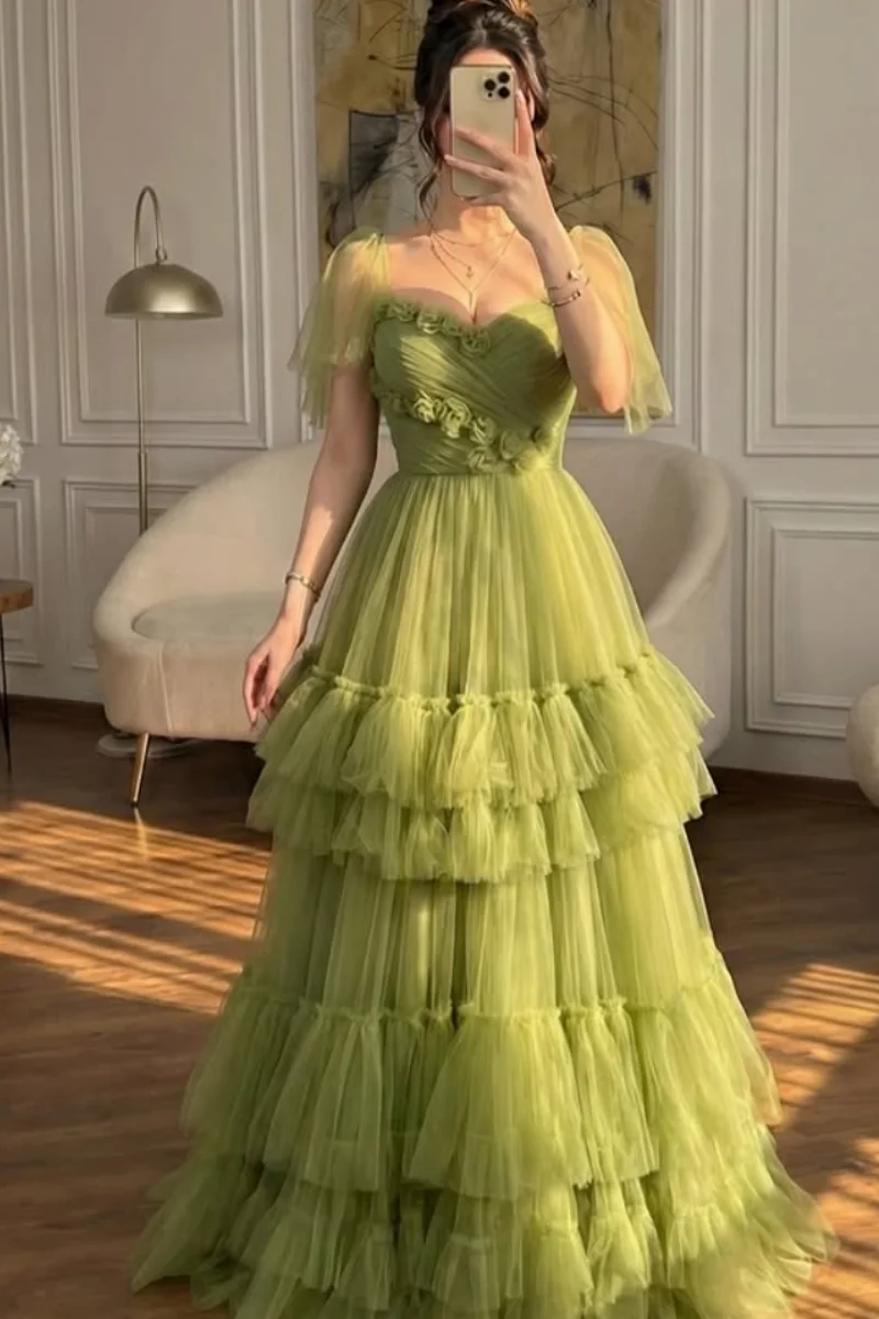 Jessica Formal Occasions Evening Dresses Green Handmade Layered Tulle Prom Dresses A-line Princess Dress Party Dresses