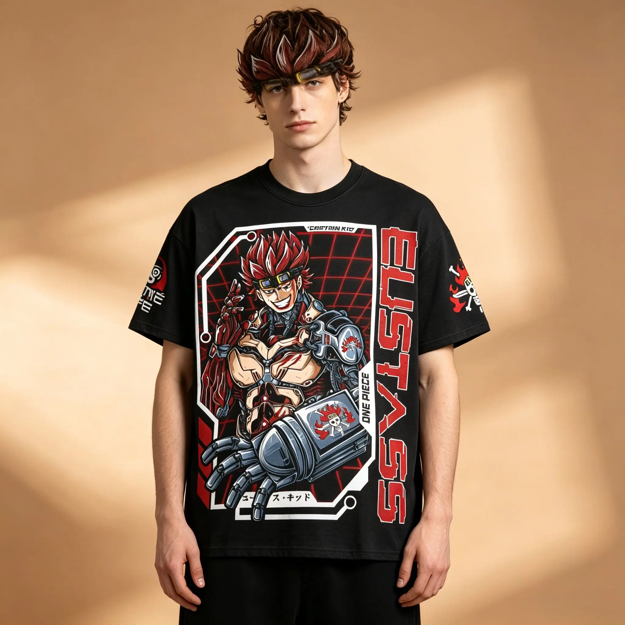 Camiseta Gráfica de Anime para Hombre, Negra Sólida, con Estampado de Calavera del Capitán Eustass Kid de One Piece, Manga con Letras Japonesas, Suave y Transpirable