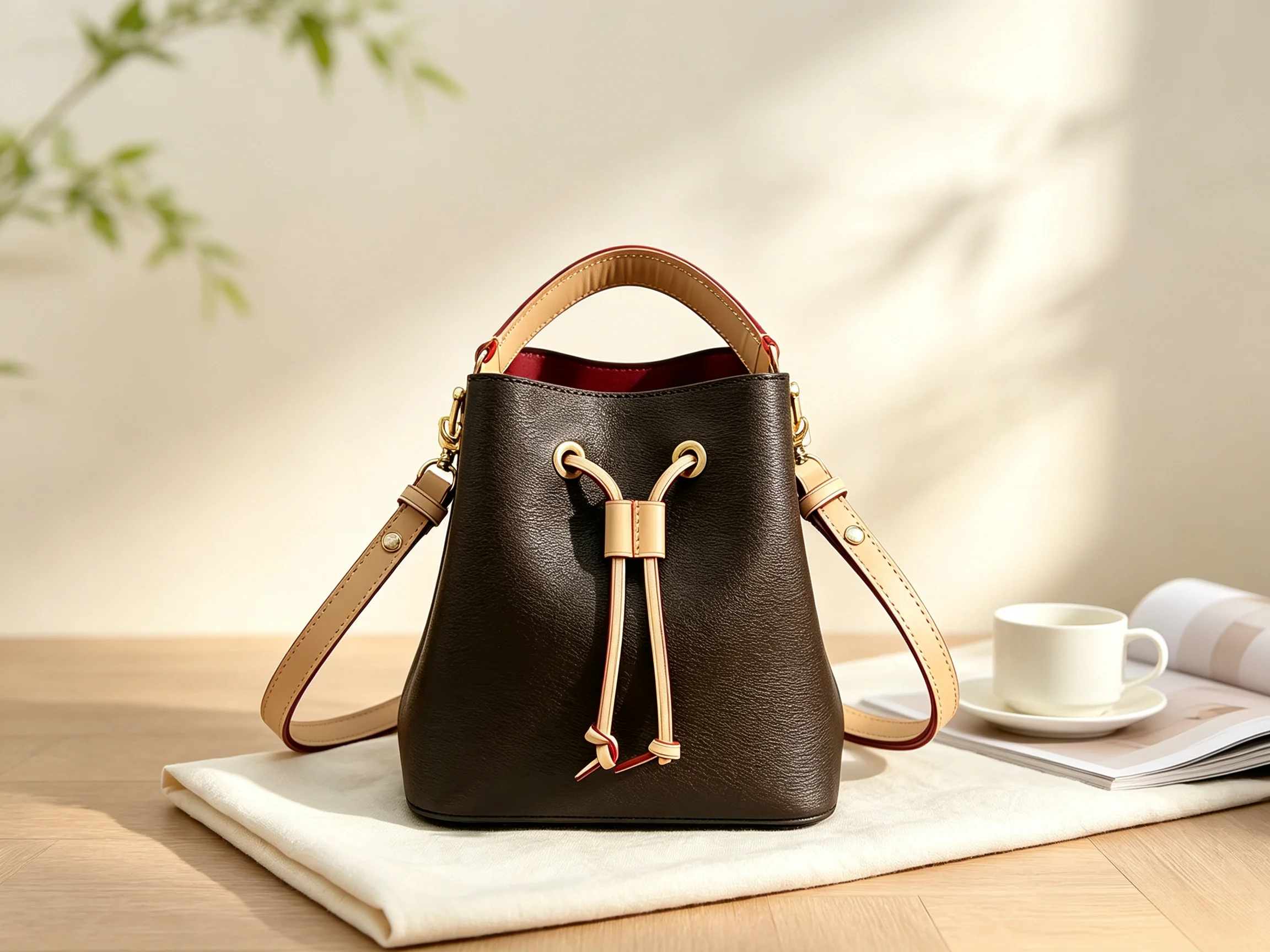 2026 Women's New Vintage Drawstring Bucket Bag Handheld Crossbody Large Capacity Commuter Bag 20x21cm
