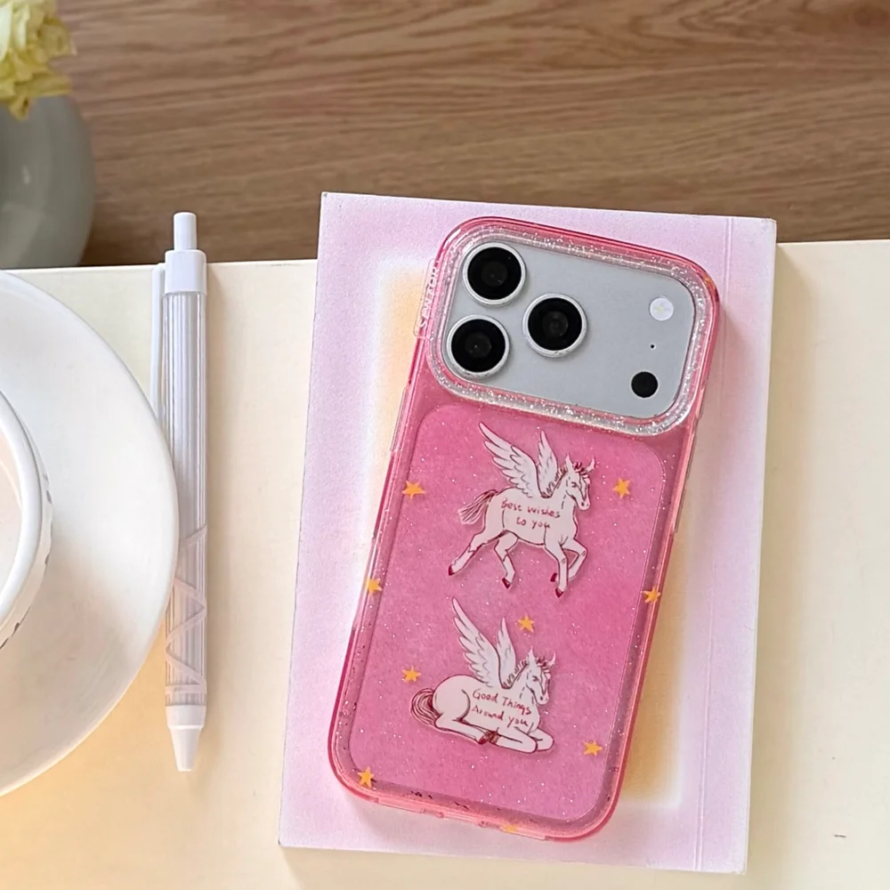 

Cute creative sparkling diamond Pegasus phone case for iPhone 17 16 ProMax 14 15Pro fundas Korean INS shockproof protective case