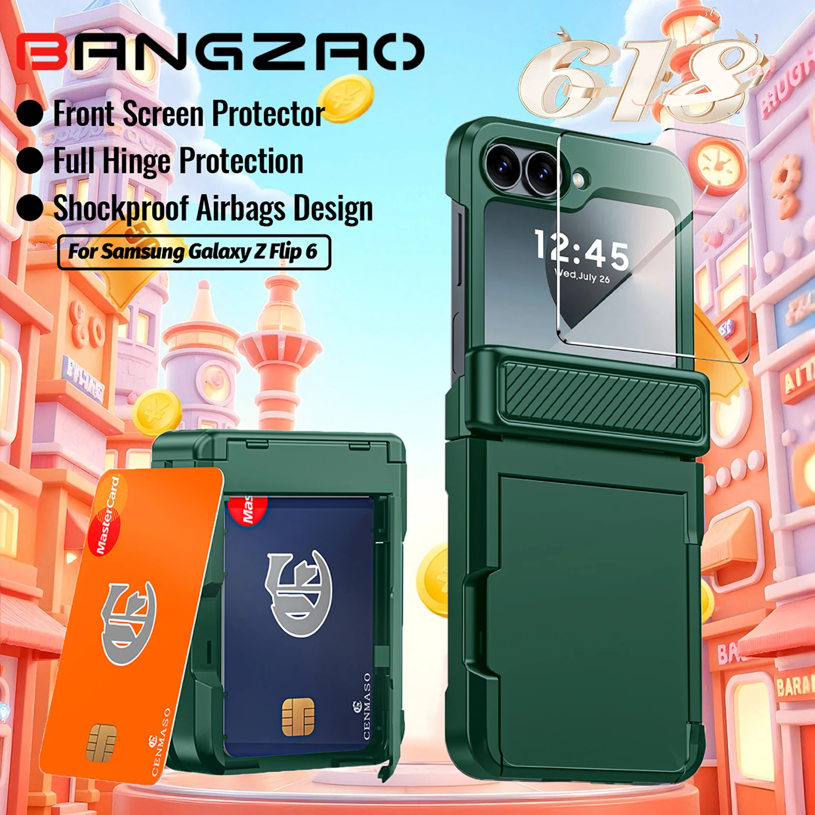 

618 Покупки, чехол для телефона Galaxy Z Flip 6, со встроенной защитной пленкой для экрана, противоударный прочный чехол-кошелек с роскошным держателем для карт
